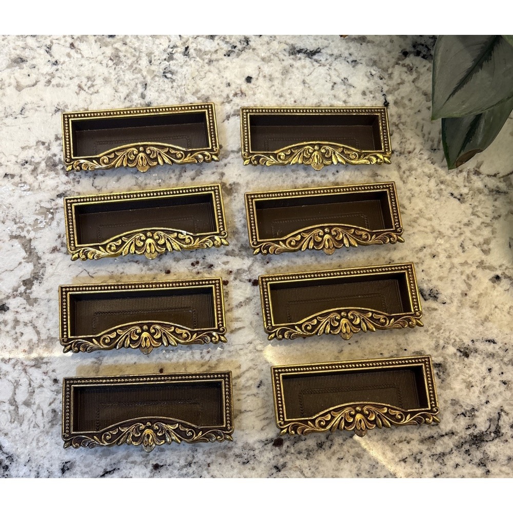 8 VTG Vcr Italy Brass Label Holder Drawer Pull French Provincial Rococo Hardware - Picture 2 of 16